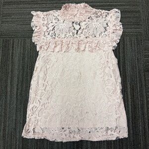 Topshop Blush Pink Lace Top Blouse with Ruffle Sleeves High Neck